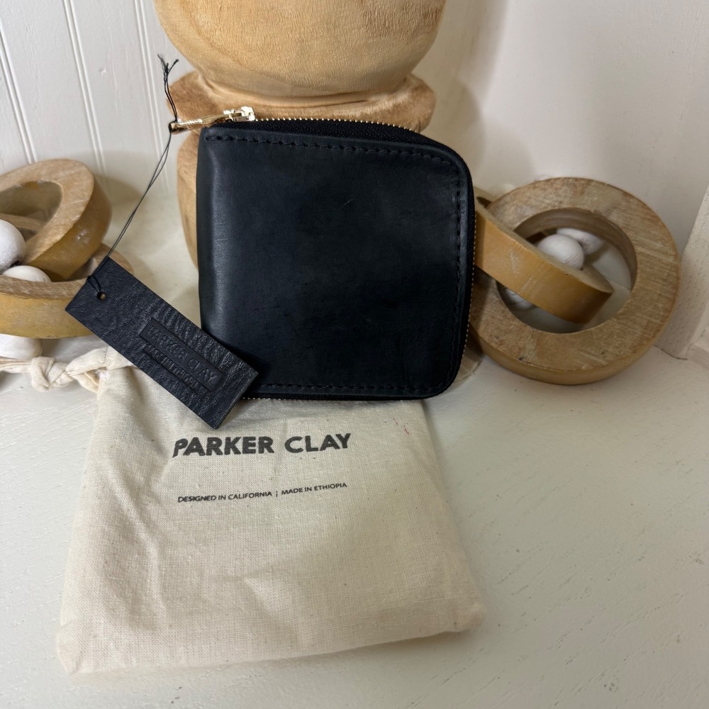 Parker Clay Meskel Square Zip Wallet Black Leather Bifold Gold Zipper NWT